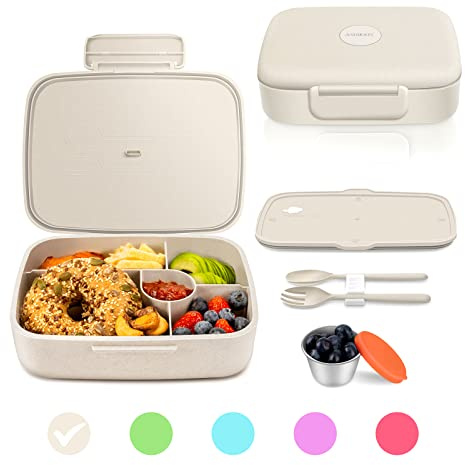 ANDMOON Bento Lunch Box, 5 Compartments Lunch Container for Kids/Adults with Snack cup, Wheat Fiber Eco-Friendly Double Insulated Boxes, Dishwasher and Microwave Safe, BPA-Free (White)