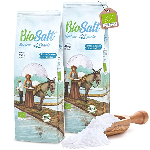 BioSalt Nortem Pearls Sal Marina Virgen Ecológica 2x650 g Grano Extragrueso. Sal Gourmet 100% Natural. Rica en Minerales. Cocina Sana. Sin Refinar, Sin Conservantes.