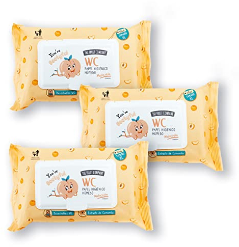 Papel Higiénico Húmedo - Melocotón | 3 packs x 60uds (180unidades) Tamaño XL - Desechable Biodegradable WC | The Fruit Company