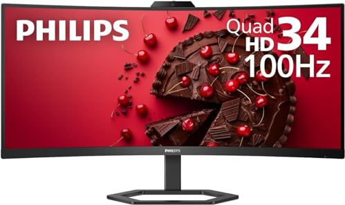 Philips 34E1C5600HE 34 UltraWide QHD 21:9 Monitor with Built-in Windows Hello Webcam & Noise Canceling Mic, USB-C Docking, Stereo Speakers, 100Hz, 4-Year Advance Replacement,Black