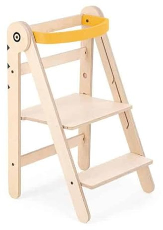Mamatoyz 08FBIRD Giallo Fold Torre Montessoriana di Apprendimento Pieghevole Multiuso Learning Tower in Legno Naturale Multistrato di Betulla con 3 Altezze Regolabili