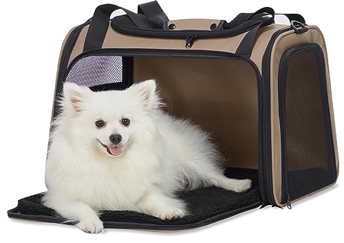 Petsfit Transportbox Katze kleine Hunde leicht Hundetasche für kleine Hunde Katzen Transporttasche Hundetragetasche,Hunde Tragetasche Hund mit Schutzgurt & erweiterbare Matte, L/Khaki