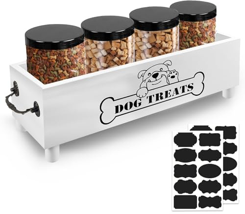 Hlimior Large Dog Treats Container, Dog Cookie Jar for Dogs Cat Treats Container, Farmhouse Wood Pet Treats Storage Organizer for Dog Food Storage Container with 4 Jars, Cat Dog Treat Organizer(White)