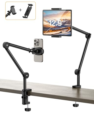 Tablet Halterung 2 Clips Tablet Ständer Handy Halter Bett 360°Drehbarer Stabilem Kohlenstoffstahl Handyhalterung Tisch für iPad/iPhone/Tab/Kindle/Switch, Alle 3,5-12,9 Zoll Geräten