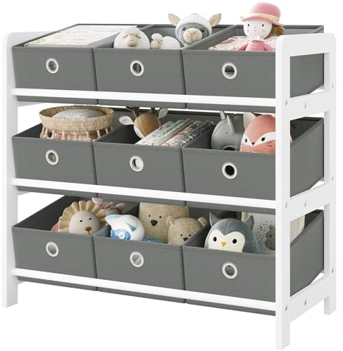 Lestarain Kinderregal mit 9 Boxen, Bücherregal Kinder, Spielzeug Aufbewahrung, Montessori Spielzeugregal, Regal Kinderzimmer Spielzimmer Kindergarten, 63,5x58x29,5 cm, Holz, Weiß Grau
