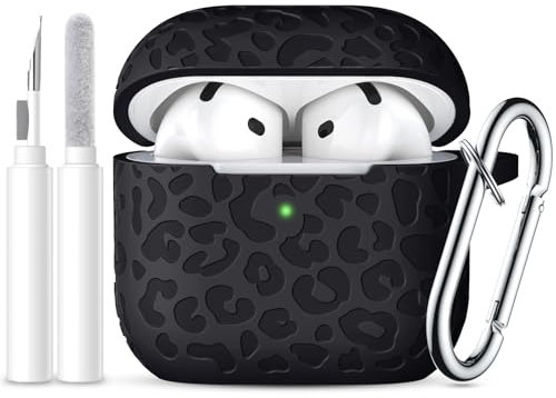 Ouwegaga Gravierte Hülle Kompatibel mit AirPods 4 Hülle 2024, Stoßdämpfender Silikon AirPods 4 Case Kompatibel mit Apple AirPods 4. Generation, LED Sichtbar,mit Karabiner&Reinigungskit,Léopard Schwarz