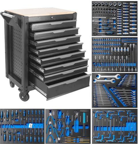 JOMAFA Carro de Taller 8 cajones con Herramienta y Bandeja de Madera, 6 MODULOS EVA Azul