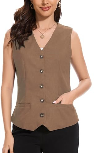 YOUNIFIZ Chaleco de lino para mujer, ligero, recortado, cuello en V, bolsillo, botones, casual, sin mangas, chaleco de lino