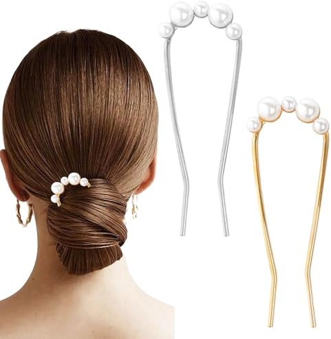 2Pcs French Hair Pins with Pearl U-Shaped French Twist Hair Pin Metal French Pin for Women Girls Large French Clip Vintage Hair Sticks Double Prongs Hair Pin Hairstyle Accessories, Gold and Silver