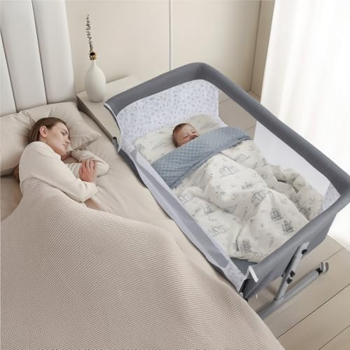 3 in 1 Baby Stubenwagen, Nachttischschläfer, verstellbare Höhe Säugling Nachttisch Krippe mit Wiege & Moskitonetz, bewegliche Schaukelwiege mit Rädern, Babywiege, tragbares Babybett Reisebett für
