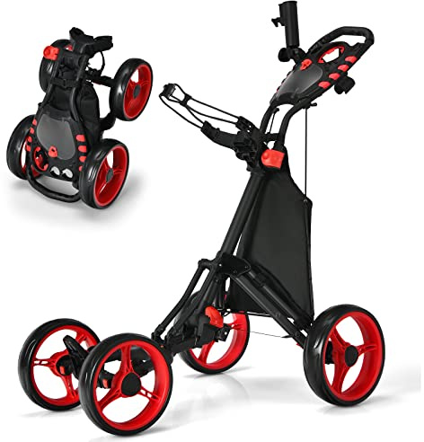 COSTWAY Chariot de Golf Pliable à Pousser ou à Tirer à 4 Roues, Chariot de Golf Léger avec Sac Imperméable et Frein à Pied Porte-Parapluie Réglable Poignée Réglable
