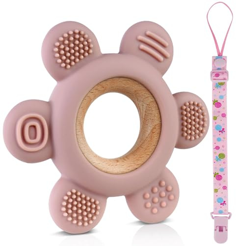 Vicloon Dentizione Neonati Giocattolo, Massaggiagengive per Neonati con Catenella Portaciuccio, Giocattoli per La Dentizione Senza BPA per Molar Lenire i Bambini, Faggio Rosa