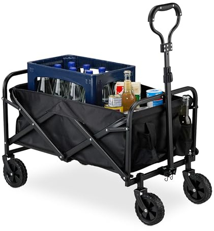 Relaxdays Carretto da Giardino, Carrello Pieghevole con Telo Interno e Manico, Fino a 100 kg, Campeggio e Spesa, Nero, 10% plastica 50% Poliestere 40% Acciaio, 1 Pezzo