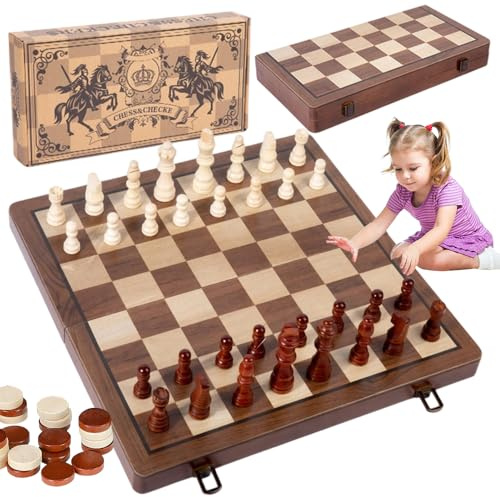 Mineup Juego de Ajedrez de Madera, 39 x 39 cm 2 En 1 Ajedrez, Tablero Ajedrez Magnetico, Juego de Ajedrez y Damas de Madera Magnético para Adultos, Principiantes y Profesionales