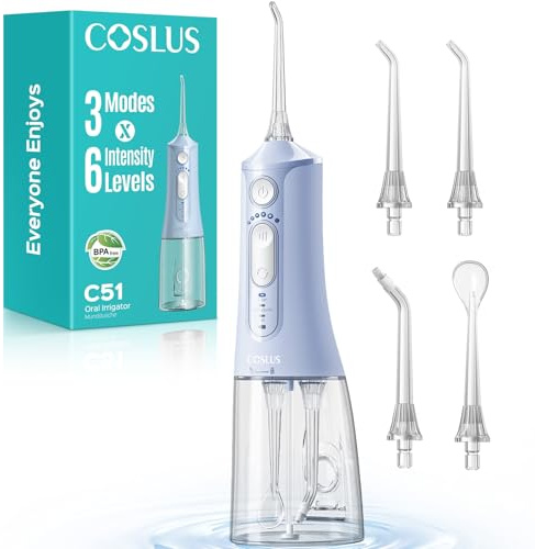 COSLUS C51 Portable Water Flosser for Teeth: 3 Modes & 18 Pressure Settings with Jet Mode Water Dental Pick for Orthodontic, Braces, Sensitive Gums, Compact for Travel, 300ML for Multiple Users, Blue