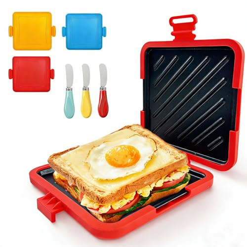 Toastie Sandwich Maker per microonde con coltello da burro, tostapane per microonde, tostapane, panini, lavabile in lavastoviglie, non necessita di elettricità, cottura veloce per viaggi/ufficio/casa
