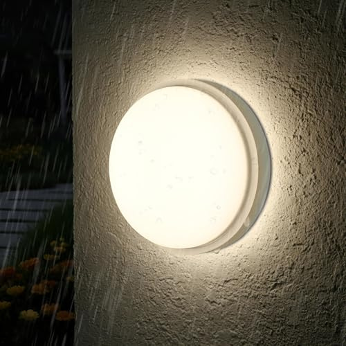ANWIO Aplique Pared Exterior 14W, Apliques Pared Blanco, Lámpara de Baño Redonda LED IP54,1400 Lúmenes, Luz Natural de 4000K, Lamparas de Techo para Pasillo, Zaguán,Cocina,Garaje,Taller