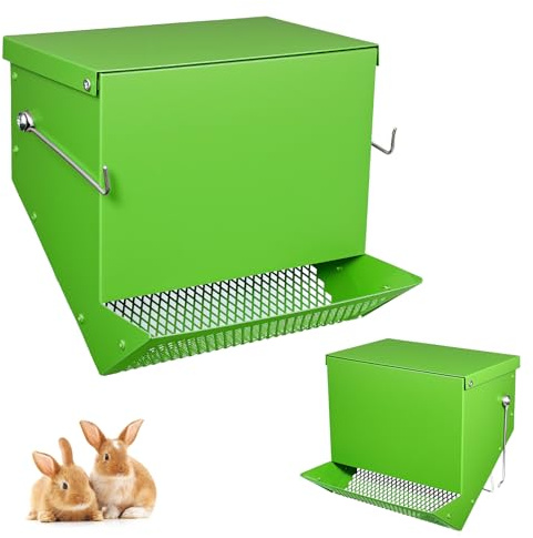 Rabbit Feeders Automatic for Cages,3.5 Pound Metal Trough Feeder with Lid