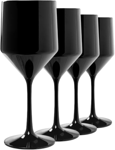 bar@drinkstuff Premium Unbreakable Modern Black Wine Glass 16 oz / 450 ml – Pack of 4 Reusable Polycarbonate Wine Goblets (Black Finish)