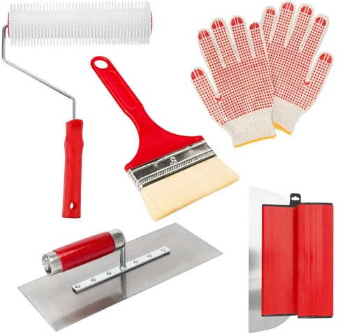 5 Set of 280mm Soft Grip Plastering Trowel and 230mm Spiked Roller with 15mm Teeth, Flooring Aeration Roller Self Levelling Tool (Skimming Blade with Accessories)