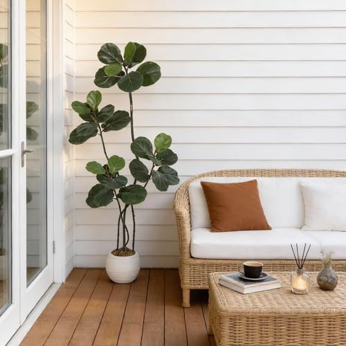 Artificial Fiddle Leaf Fig Tree, 6FT Faux Ficus Tree with Bendable Boughs & White Pot – Tall Artificial Plants Indoor, Fake Tree for Home Office Living Room Decor, Floor Plants for Living Room Decor
