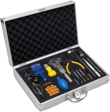 Colcolo Matériel de Réparation de Montre Coffret Outillage Horloger Ouvre-boîtier Chasse-goupille Tournevis Brucelles Loupe Soufflette Mallette Aluminium