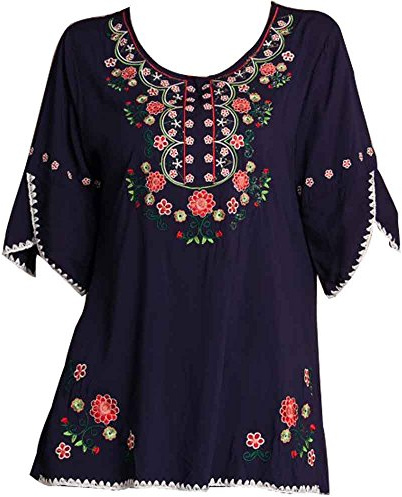 Ashir Aley Bell Sleeve Womens Girls Embroidered Peasant Tops Mexican Bohemian Blouses (XL,Navy Blue)