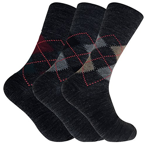 3 Pack Mens Thin Warm Loose Non Elastic Lambs Wool Blend Argyle Pattern Socks for Circulation (6-11 uk, SE049 Grey)