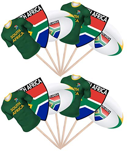 AK Giftshop Rugby Party Food Cake Cupcakes Picks Sticks Decorations Toppers Stand Up Food Flags South Africa (pack of 12)