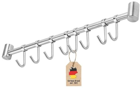 INTIRILIFE Barre de suspension pour la cuisine en acier inoxydable avec 8 crochets mobiles à percer – 47,7 x 3,4 x 2,2 cm – Barre à crochets de cuisine Support mural
