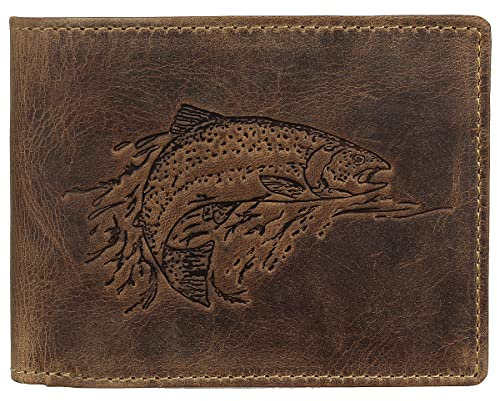 Greenburry Vintage Huntsman Trophy Leder Geldbörse Portemonnaie Geldbeutel Portmonee BV-1796-HT-Fish Fisch Forelle Trout Angler, Farbe:Braun