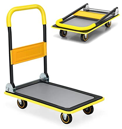 TANGZON Folding Push Cart Dolly, Rolling Flatbed Luggage Cart with 360° Swivel Wheels, Garage Warehouse Moving Platform Hand Push Truck(Yellow, 73 x 49 x 83cm, 150KG Capacity)