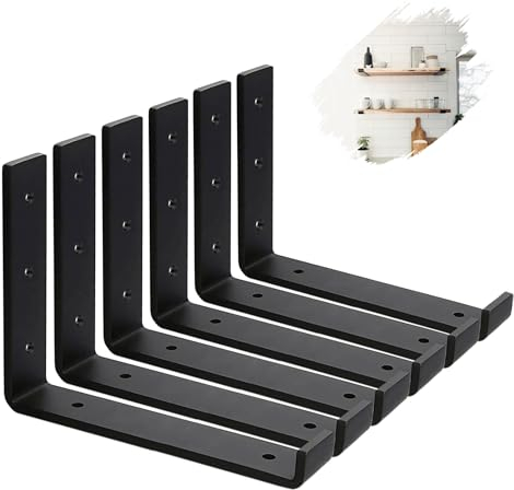 MLOQI Lot de 6 Equerre Murale Robustes de 5 mm d'épaisseur échafaudage - Support Etagere Murale - Supports d'étagère Industriels Noirs avec vis Assorties (30 x 15 cm)