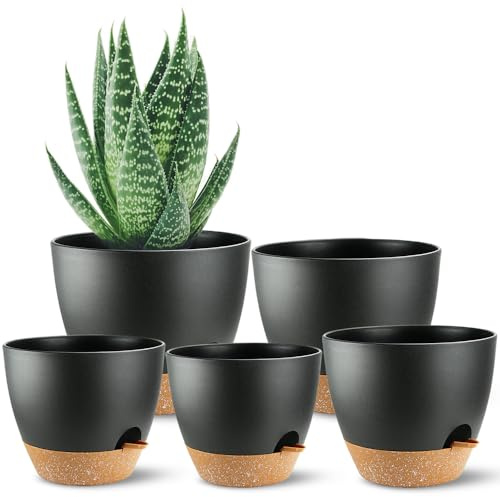 SUN-E Vaso per piante autoinnaffianti per tutte le piante d'appartamento, moderno vaso di plastica nero con foro di drenaggio Idea regalo per decorazioni domestiche 5 pezzi/set