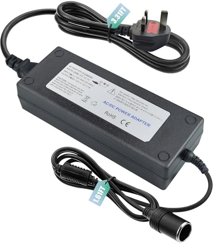 220V to 12V Adapter 10A 120W - UK 3-Pin Plug AC to DC Car Power Converter, Cigarette Lighter Socket for Vehicle Refrigerator, Tire Inflator, Automotive Vacuum & Road Trip/Home Use