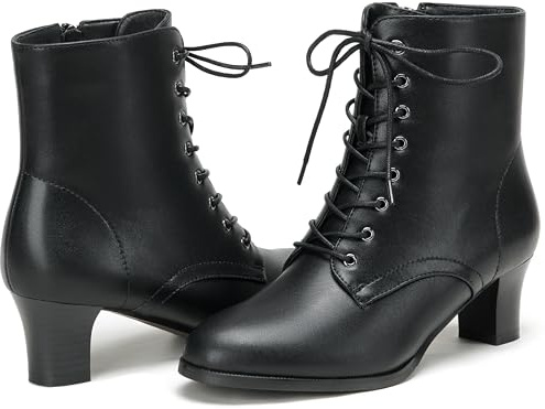 COOLCEPT Women Vintage Victorian Boots Lace up Block Heel Ankle Boots 70s Steampunk Booties Zipper Black Size 41
