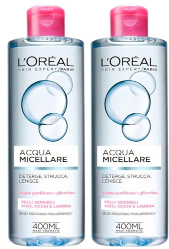 L'Oréal Paris Skin Expert Acqua Micellare Deterge Strucca Lenisce Adatta a Pelli Sensibili per Viso Occhi e Labbra Formula Senza Risciacquo e Ipoallergenica - 2 Flaconi da 400ml
