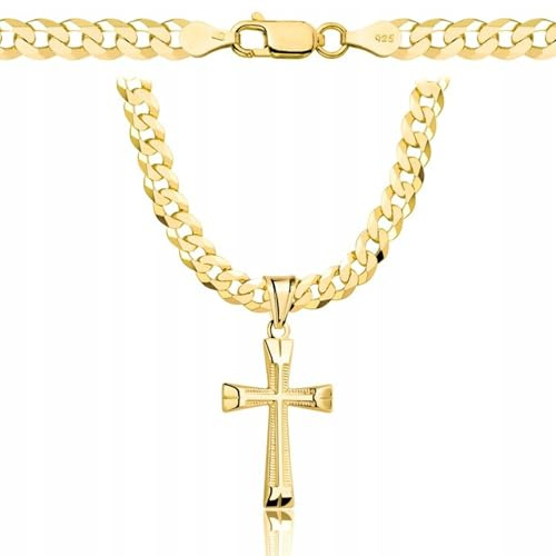 AMAR OPRAVA Cadena de oro para hombre con colgante en forma de cruz, fabricada en plata de ley 925 con baño de oro macizo 585 y con un ancho de 5 mm, 60 cm, Plata esterlina