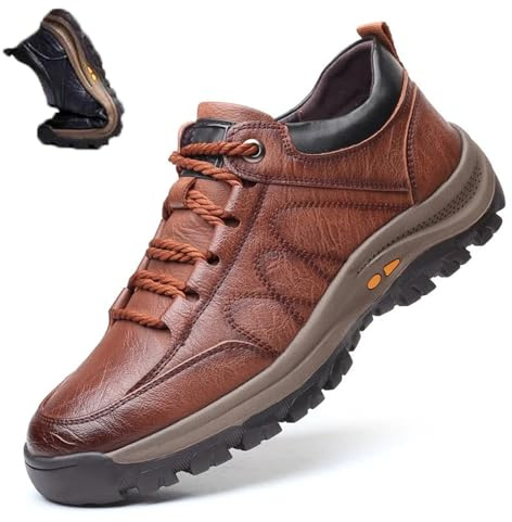 Nbzsmlkn Hand-stitched Leather Shoes,Men Hiking Shoes Arch Support Anti-Fatigue Anti Slip Shock Warm Running Boots,Men's Comfortable Orthopedic Leather Sneakers with Arch Support (Brown,7.5)