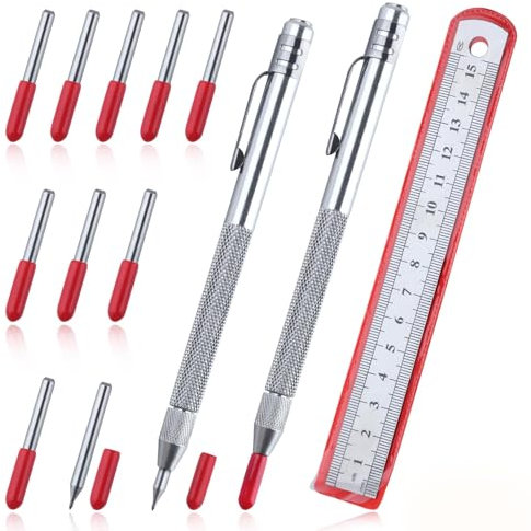 LEONTOOL 2 piezas de acero de tungsteno con imán reemplazable herramienta de trazado con 10 puntas de marcado de repuesto adicionales, 1 regla, bolígrafo de grabado para vidrio, madera, hoja de metal