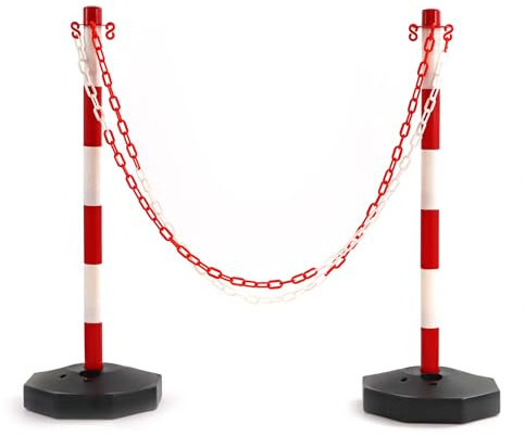 Wiltec Poteaux de chaîne 80 x 28 x 28 cm en rouge et blanc avec chaîne de 1,4 m, 4 crochets en S robustes et base à remplir pour plus de stabilité, idéal comme bornes de stationnement