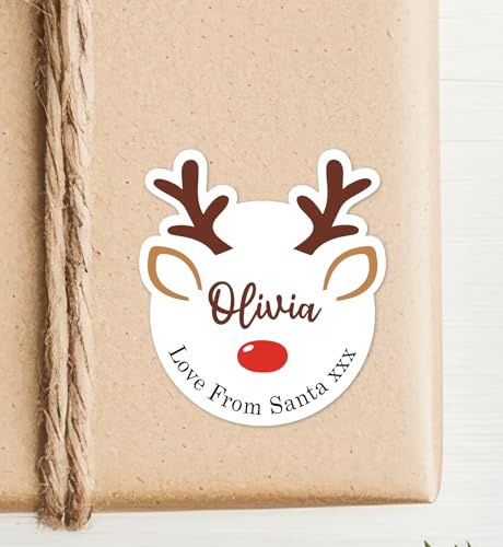 Personalised Christmas Labels for Gifts & Presents - Custom Name Initial Wrapping Paper Tags, Peel and Stick Xmas Labels for Kids Family Friends Wrap (Reindeer Shape Label)