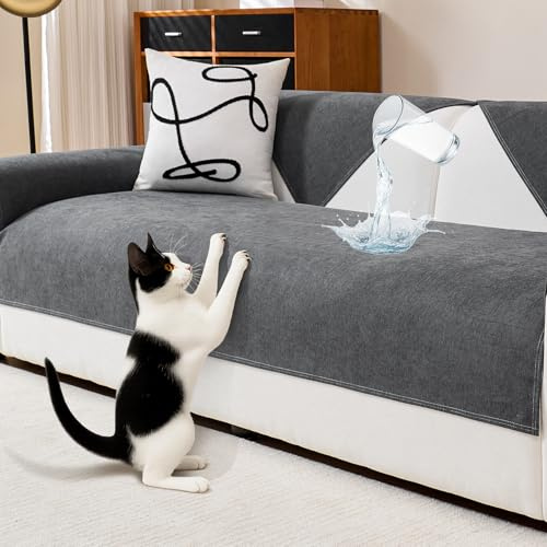DeepDream Funda de sofá impermeable de chenilla, funda de sofá resistente a los arañazos para perros y gatos, funda de sofá antideslizante para sofá de 2, 3, 4 plazas para sofá en U, L y seccional