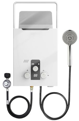 Chauffe-eau à gaz, Chauffe-eau au Gaz Propane LPG 6L 12KW avec Kit de Douche, Poignée Portable, affichage numérique, Instantané Extérieur Chauffe Bain à Gaz, pour camping-car, camping, douche (Blanc)