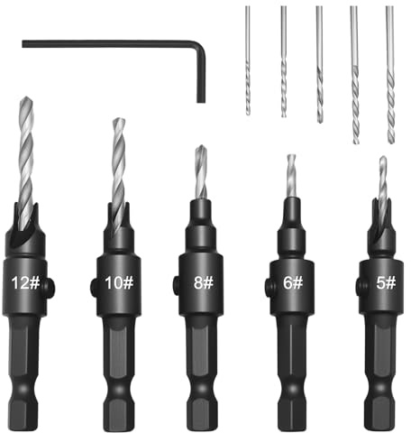 Countersink Drill Bit Set 5Pcs Quick Change 1/4 Hex Shank Adjustable Woodworking Counterbore Hole Drill Bits HSS 82-Degree Chamfer Tool with 5 Replaceable Drill Bits Hex Wrench for #5 6 8 10 12 Screw