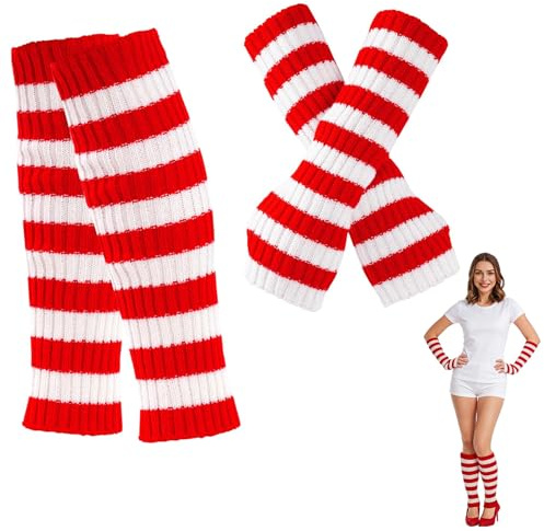 Guêtres Femme, Chaussettes Hautes Rayées Gants Longs Rayés Bas, Chaussettes et Gants rayés Rouges et Blancs, Haute élasticité, Confort Optimal, Accessoires Multicolores pour fêtes, Noël, Cosplay