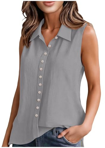 Womens Sleeveless Button Down Shirt Basic Plain Tank Tops for Women UK Collared Gauze Shirts Loose Fit Summer Breathable Button Up Vest Top Comfy Elegant Tank Shirts Casual Office Work Blouses Vests