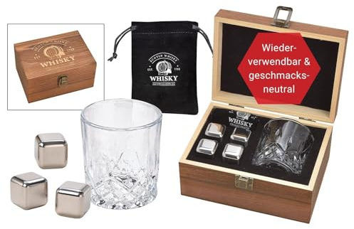 WOMA Whisky Steine Set I 4 Edelstahl Kühlwürfel inkl. Whiskey Glas, Samtbeutel & hochwertiger Holzbox I Wiederverwendbare Eiswürfel für Whiskey Wodka Gin Rum Tequila & Cocktails