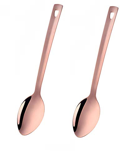 SBOMHS Serveringssked kökssked rostfritt stål 2 stycken långt handtag grönsakssked längd 33 cm, bredd 7 cm omrörningssked hällsked för kök roséguld