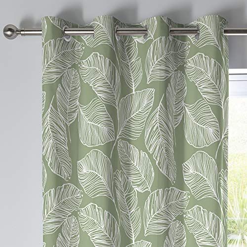 Matteo - Rideaux à Feuilles Vertes 117 x 137 cm - 2X Panneaux - 100% Coton - Rideaux à œillets Verts avec imprimé Feuilles Tropicales